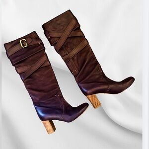 Chloé Brown Leather Biker Boots • Wrap Strap • Stacked Wood Heel • Made in Italy